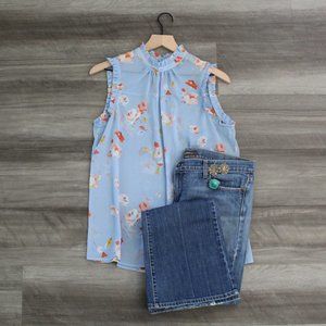 EUC Who What Wear Sheer Blue Floral Sleeveless Blouse